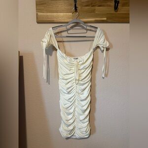 Fashion Nova Cream Ruched Off-Shoulder Midi Dress